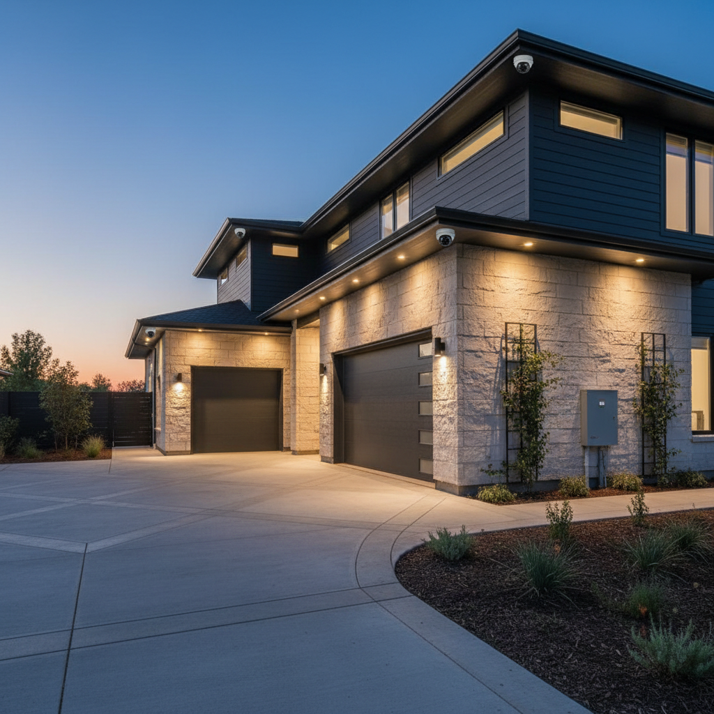 A modern suburban home at dusk, photographed in crisp detail, with subtle but clearly visible security elements: low-profile IP cameras under the eaves, a compact alarm siren on the side wall, and a neat battery-backed power unit discreetly mounted near the garage. The house exterior is finished in light stone and charcoal cladding, illuminated by warm architectural lighting that grazes the textures. The sky is a deep blue, adding a sense of calm evening security. The composition is slightly angled from the driveway, with sharp focus throughout and a clean, contemporary aesthetic, emphasizing professional installation and premium protection while avoiding any sense of intrusion.