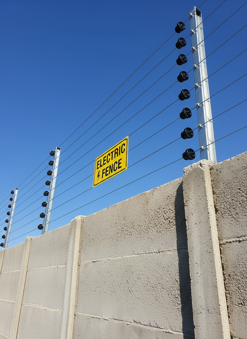 A detailed, photographic realism image of an electric fence installation atop a high perimeter wall around a Johannesburg property. Multiple parallel stainless-steel strands run through glossy black insulators attached to galvanized steel posts, all meticulously aligned. A bright yellow “Electric Fence” warning sign is securely fixed to the wire. The sunlit concrete wall shows subtle texture, while a deep blue midday sky forms a clean backdrop. Strong natural sunlight creates defined but not harsh shadows along the wall and fence posts. Captured from a slightly low, angled perspective to emphasize height and deterrence, the mood is serious, secure, and professional, highlighting durability and quality workmanship in a clean, modern composition.
