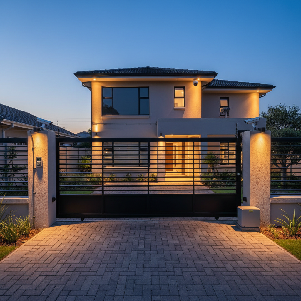 A high-resolution, photographic realism image of a neat suburban Johannesburg home frontage at dusk, with a prominent modern black metal sliding gate, visible motor housing, and a small access control keypad mounted on a clean plastered wall. Discreet CCTV domes and bullet cameras sit on the corners of the building, all wired neatly. Warm exterior security lights cast a soft golden glow on the paved driveway, while the sky holds a faint blue after-sunset tone. Shot from eye level with a wide-angle lens, the composition follows the rule of thirds, emphasizing the integrated security systems. The atmosphere feels safe, professional, and reliable, with sharp focus throughout and a clean, modern aesthetic.