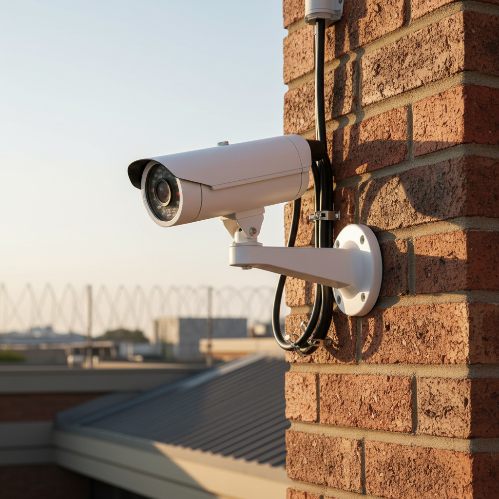 A close-up, photographic realism shot of a modern CCTV security camera installation on a Johannesburg commercial building corner. The camera is a white, weatherproof bullet camera with infrared LEDs, mounted on a sturdy metal bracket with neatly clipped black cables running along a painted brick wall. Late afternoon natural light creates crisp highlights on the camera housing and subtle shadows on the textured bricks. In the softly blurred background, hints of city rooftops and electric fencing are visible. Captured from a slightly low angle, the composition emphasizes reliability and vigilance, with a professional, technical mood and a clean, corporate aesthetic.