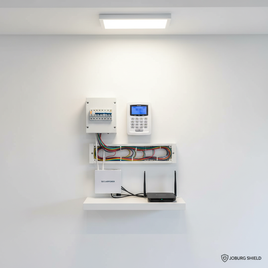 A professional, photographic realism scene of a tidy security control panel and alarm system setup mounted on a smooth white interior wall. A central alarm keypad with a small backlit LCD screen is flanked by a labeled distribution board, conduit, and neatly organized wiring in trunking. A compact backup battery and an internet router sit on a clean floating shelf below, with cables routed precisely. Soft, diffused indoor lighting from an overhead LED panel casts even illumination, minimizing harsh shadows. Shot straight-on at eye level with sharp focus, the composition showcases order, safety, and technical expertise, conveying a calm, trustworthy, and highly organized atmosphere suitable for a modern Johannesburg security company.