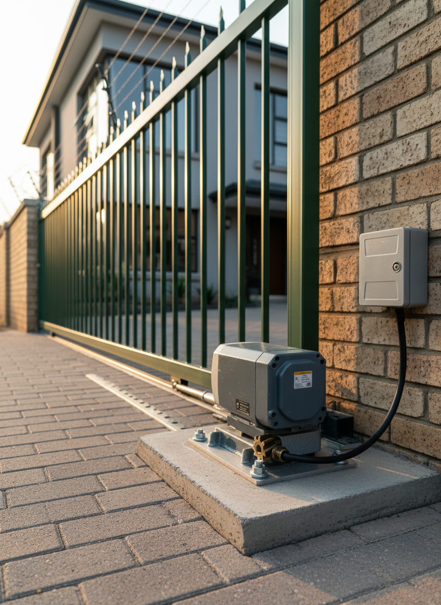 A crisp, photographic realism image of a residential gate automation system in Johannesburg, focusing on the gate motor and track. A dark green metal sliding gate moves along a clean galvanized steel rack, with the compact gate motor housing bolted to a solid concrete base. Conduit is neatly routed to a small weatherproof control box on the wall. Late afternoon sun creates warm highlights on the metal surfaces and gentle shadows on the paved driveway. Shot from a low, three-quarter angle, the foreground emphasizes the motor gears and track with a shallow depth of field, while the house façade and electric fence blur softly. The mood is professional, dependable, and modern, showcasing robust engineering and meticulous installation.