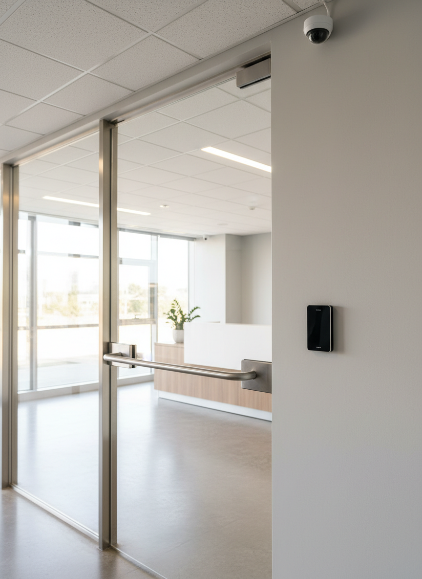 A bright, photographic realism interior scene of a modern Johannesburg office reception equipped with electronic access control. A sleek glass door with a stainless-steel frame features an electronic maglock, door closer, and a black proximity card reader mounted on the adjacent wall. A small, discreet CCTV dome is installed in the ceiling corner, with cabling hidden. Soft daylight filters through large windows, supplemented by neutral white recessed LED lighting, creating an evenly lit, professional environment. Captured at eye level with a wide lens, the composition uses the rule of thirds to highlight the door and access reader, while a minimalist reception desk appears softly in the background. The mood is secure, efficient, and corporate, with a clean, modern aesthetic.