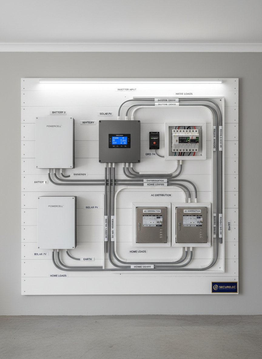 A clean, photographic realism image of a neatly organized electrical and solar backup installation on a dedicated board in a Johannesburg garage. A pair of wall-mounted lithium batteries, a hybrid inverter with a clear digital display, AC and DC distribution boxes, surge protection, and tidy cable trunking are all labeled and aligned. Conduits run straight and parallel, showcasing meticulous workmanship. Cool white LED strip lighting above the board casts even, shadow-free illumination, highlighting textures of metal casings and painted wall. Captured straight-on with sharp focus across the frame, the composition emphasizes order and professionalism. The mood is technically confident and reassuring, aligning with a security and electrical services brand focused on reliability and safety.