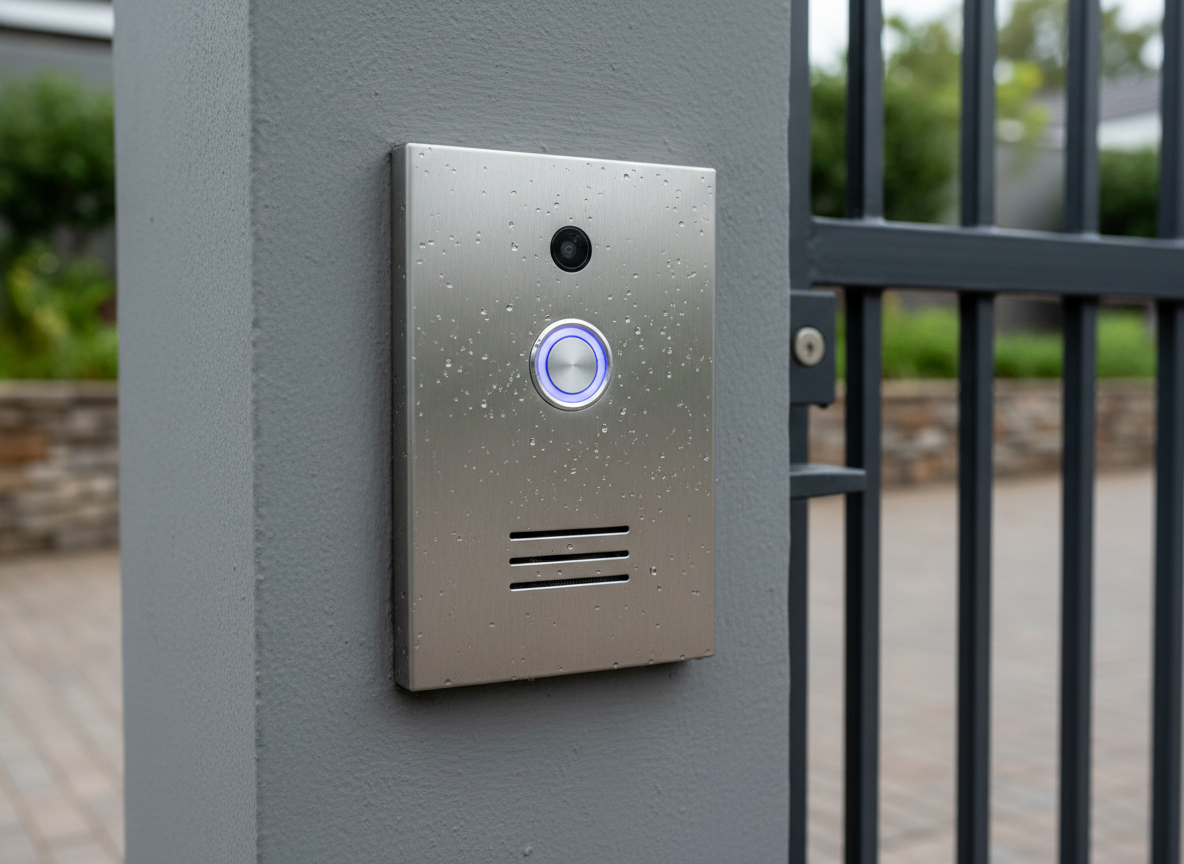 A close-up, photographic realism shot of an outdoor intercom and gate station at a Johannesburg residential entrance. A brushed stainless-steel intercom panel with a backlit call button, small camera lens, and speaker grille is flush-mounted on a smooth painted pillar next to a dark metal gate. The surface shows tiny water droplets from a recent drizzle, adding texture and realism. Overcast daylight creates soft, diffused light with almost no harsh shadows, emphasizing detail in the metal and paint. The background is gently blurred, hinting at a paved driveway and low garden wall. Framed tightly with a slight angle, the composition feels modern, reliable, and welcoming while clearly conveying secure, controlled access.